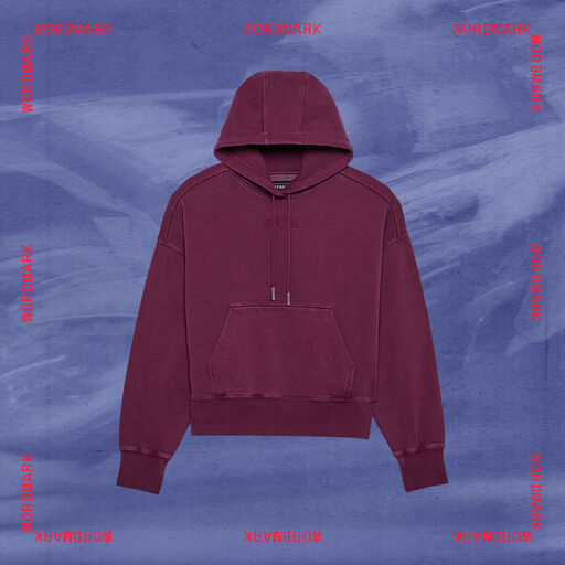 Fox hoodie with stylized text calling out wordmark collection