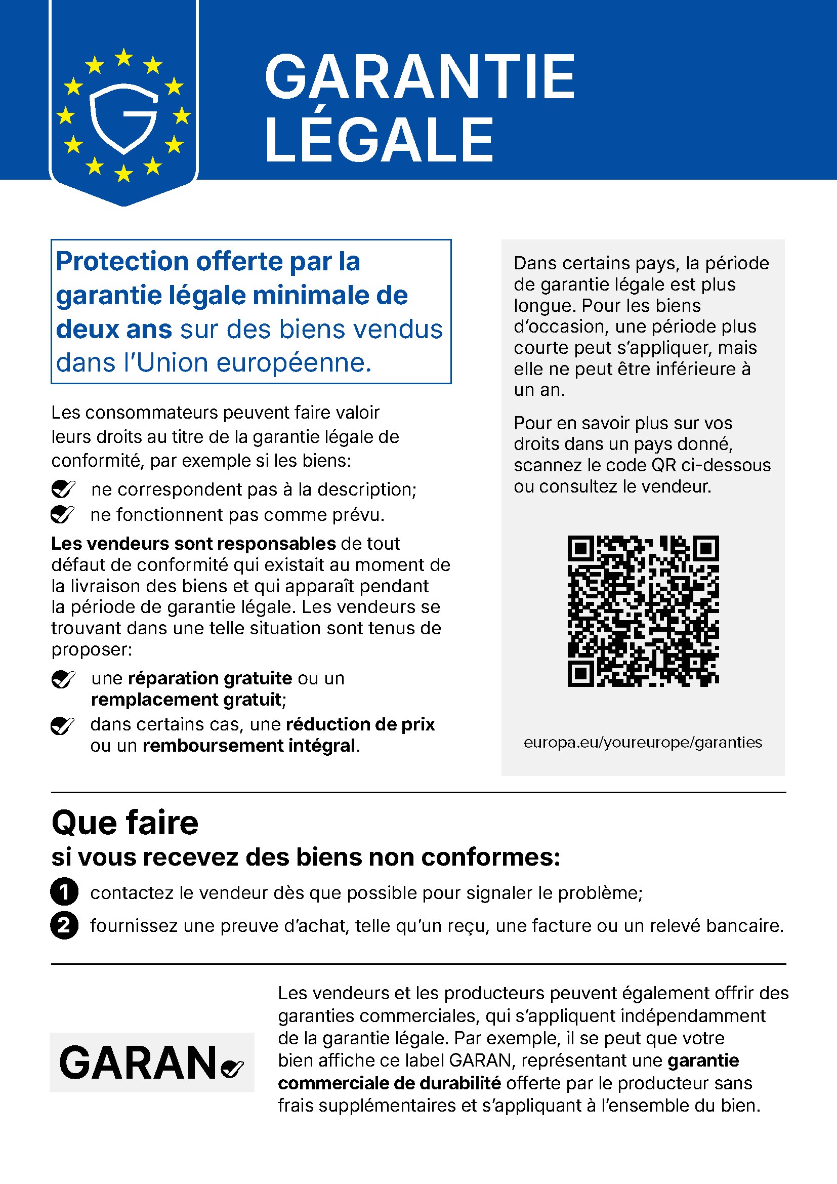 Couvert par la garantie légale de l’UE - 2 ans minimum..